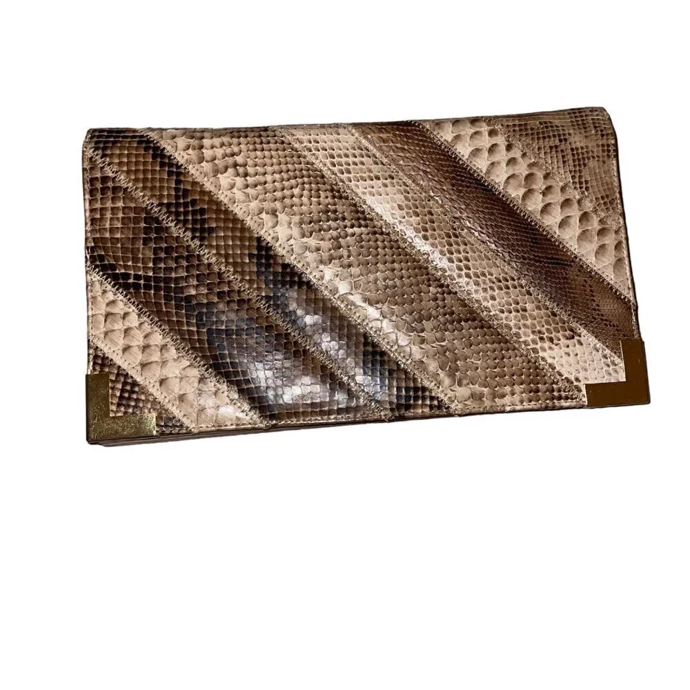 Bags By Varon Vintage Womens Clutch Shoulder Tan Leather Reptile Skin Purse